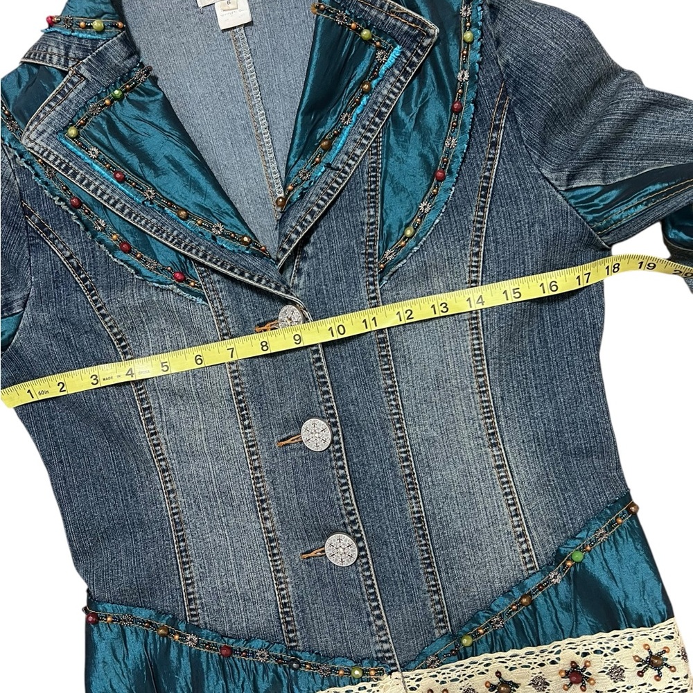 Y2K Cache Embellished Denim Jacket Sz 6 Beaded Lace Glam Boho Fairy Gypsy Boho - Picture 12 of 16
